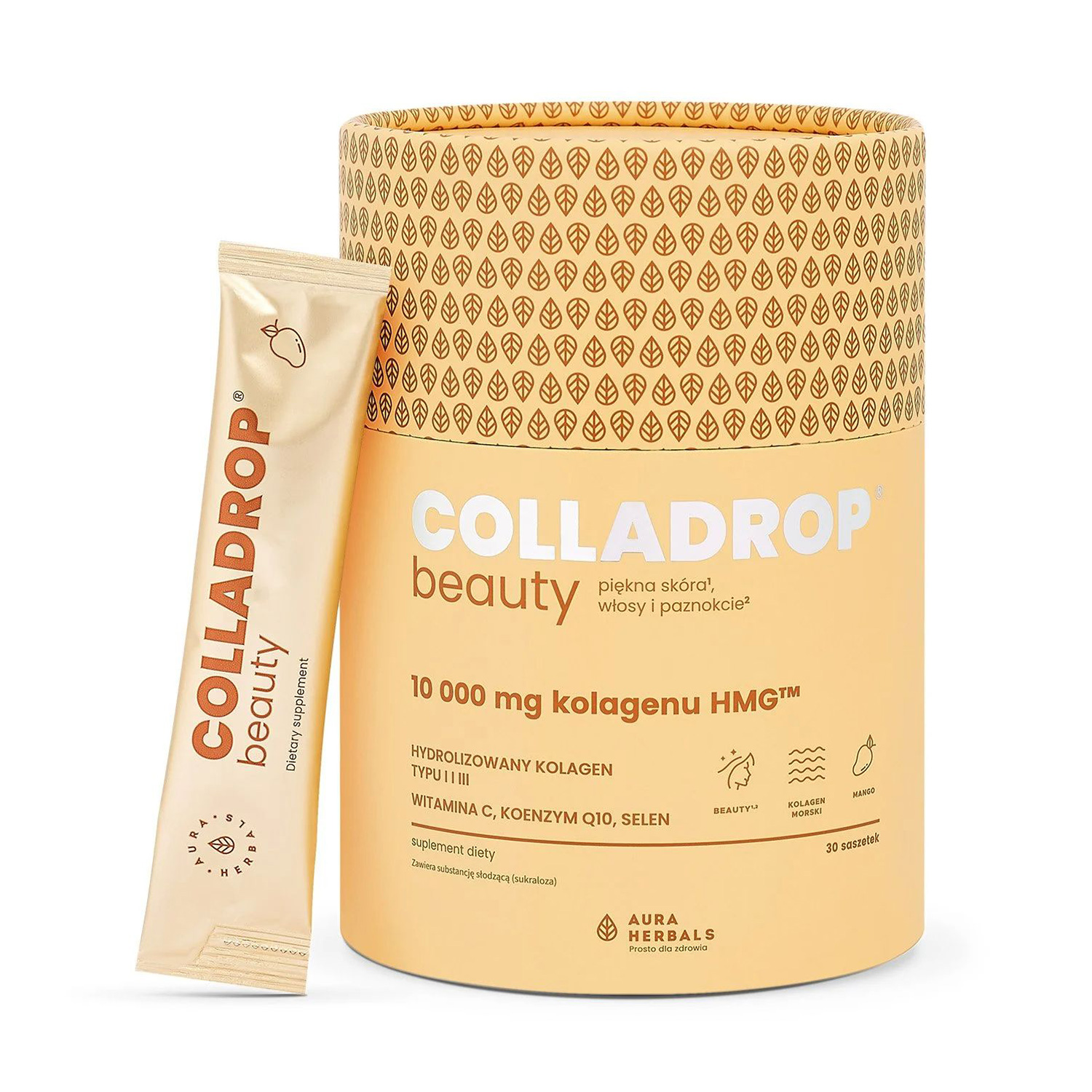 Колаген Aura Herbals Colladrop Beauty Collagen HMG 10000 мг, зі смаком манго, в порошку, 30 шт